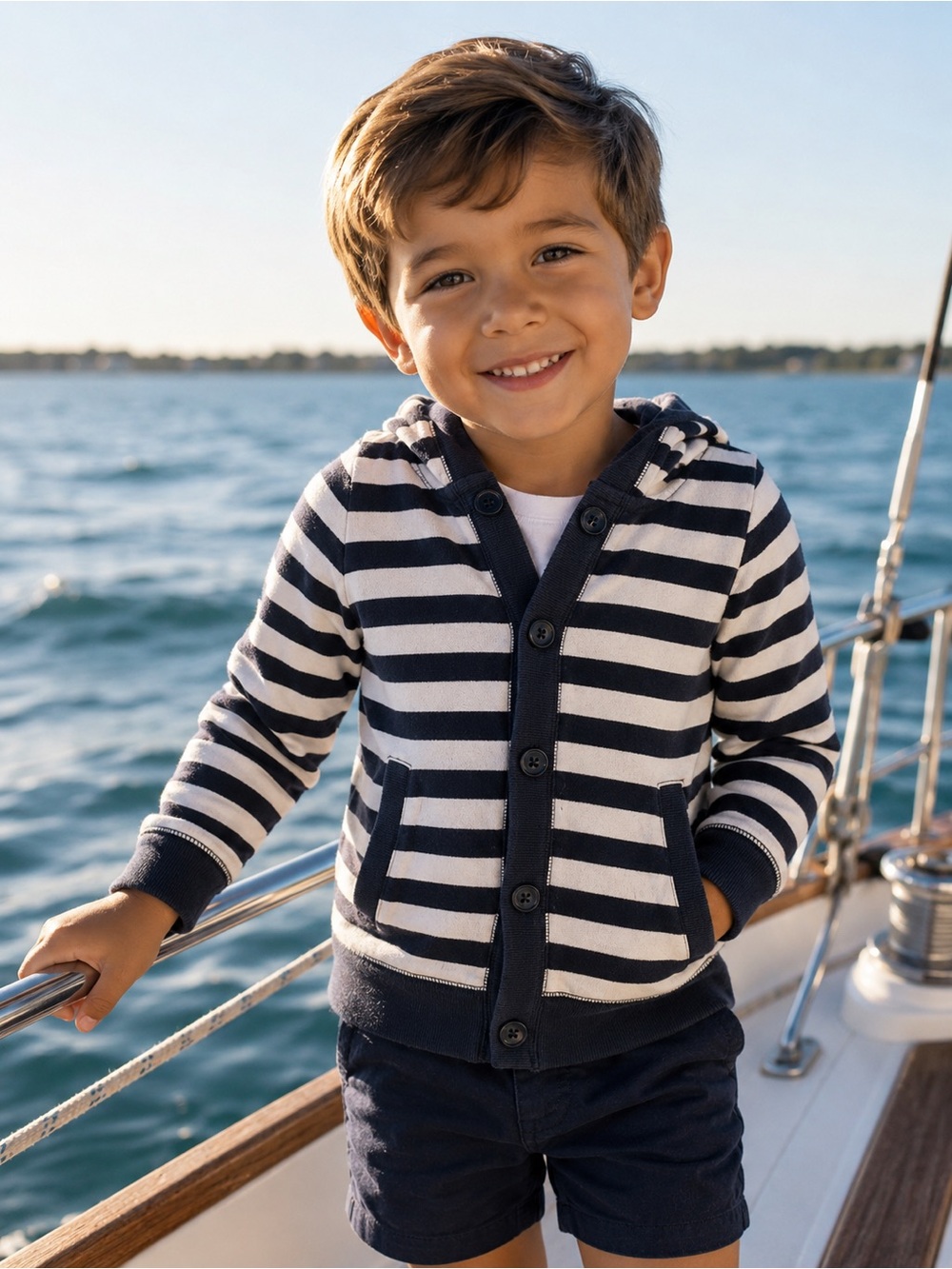 Vintage GAP Navy & White Striped Hooded Button Cardigan Kids 4-5